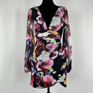 Ieena for Mac Duggal Floral Print Illusion Puff Sleeve V Neck Fitted Mini Dress